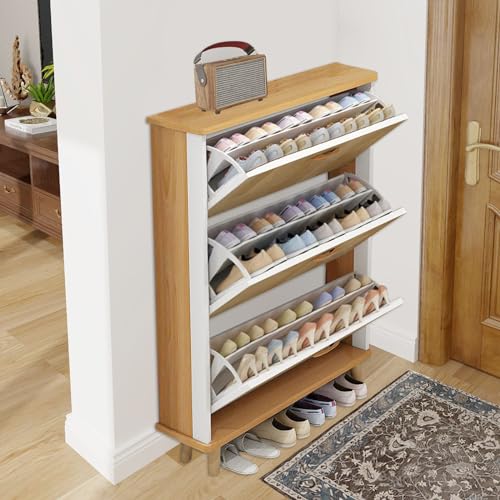 3 Drawer Shoe Cabinet, Artistic Shoe Cabinet, Maple Wood Butcher Block Wood Shoe Rack Organizer for Entryway Slim (31.5”W x 9.45”D 46”H)