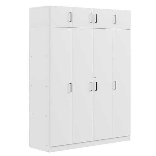 Modern Storage Wardrobe with Hanging Rods and 2 Drawers, Wood Clothes Storage Cabinet Organizer with Sliding Door and Open Shelves, Freestanding Wardrobe Cabinet for Small Spaces, Guest Room