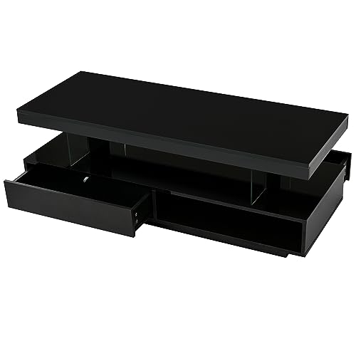 LED Coffee Table with Drawer, Modern High Gloss Coffee Table with 2-tiers Storage, Living Room Table (Black)