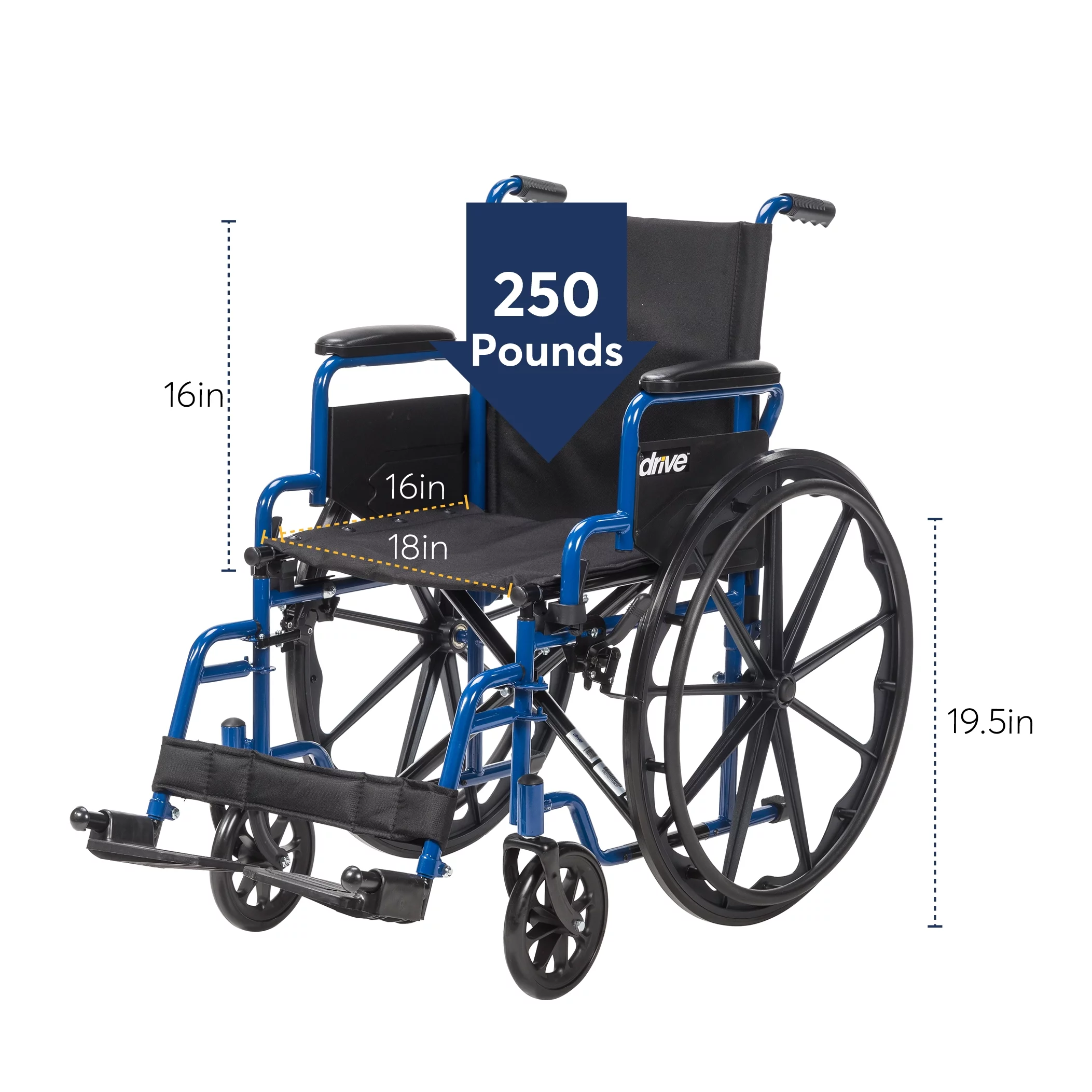 Drive Medical Blue Streak Wheelchair with Flip Back Desk Arms, Swing Away Footrests, 18" Seat