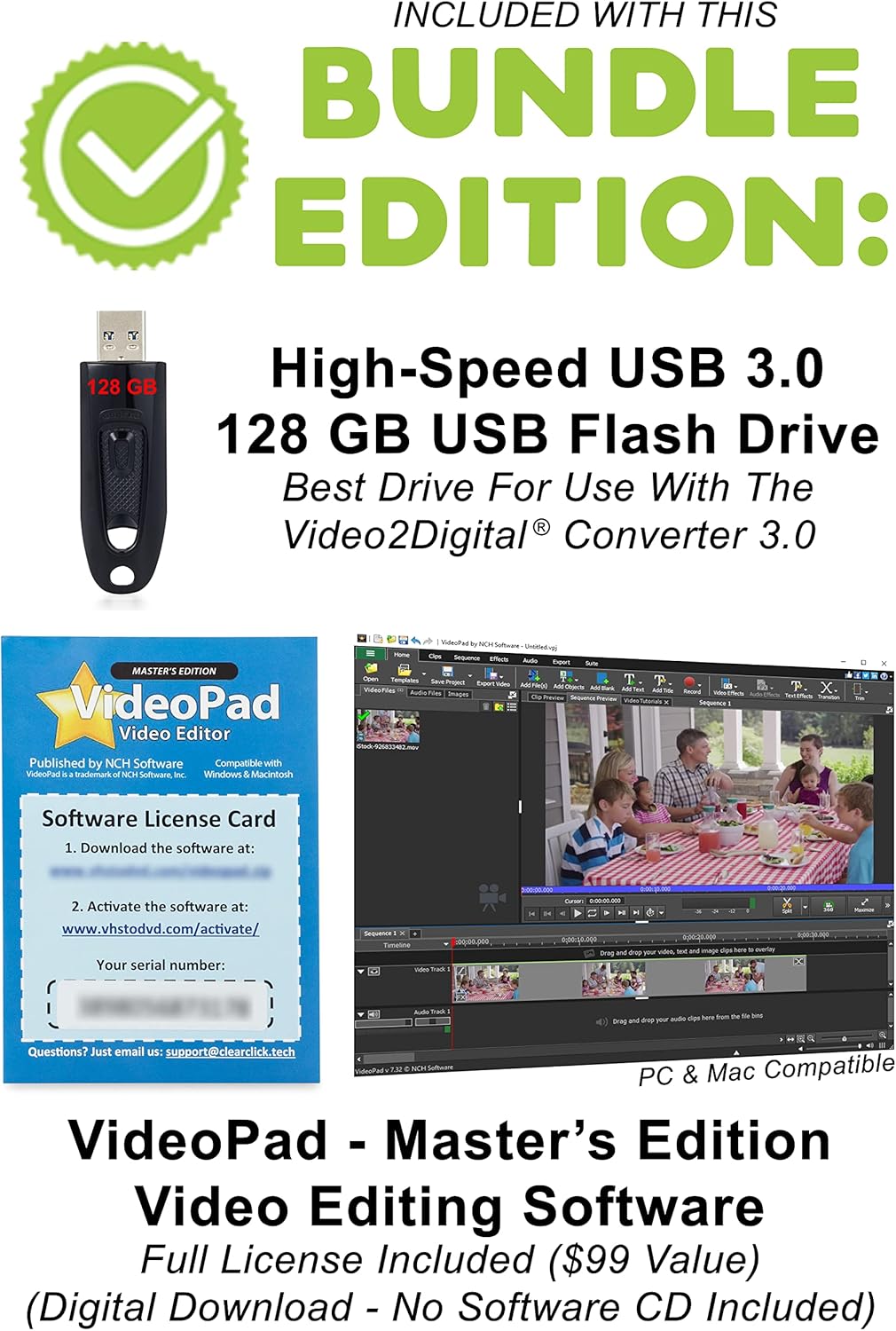ClearClick Video to Digital Converter 3.0 (Third Generation) - Record Video & Audio from VCR's, VHS, AV, RCA, Hi8, Camcorder, DVD, Turntables, Cassette Tapes (Bundle Edition)