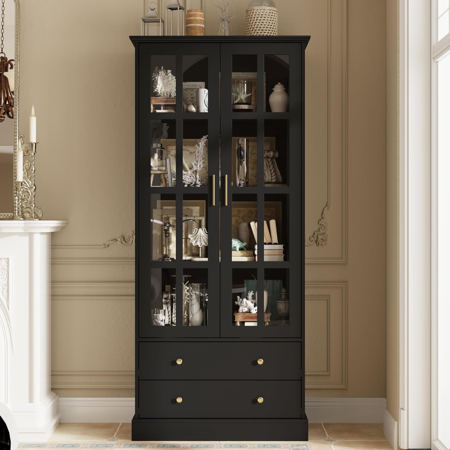 ECACAD 4-Tier Tall Bookcase Storage Cabinet with Glass Doors, Drawers & Shelves, Wooden Bookshelf Display Cabinet for Living Room, Office, Black (31.5”L x 15.7”W x 70.1”H)