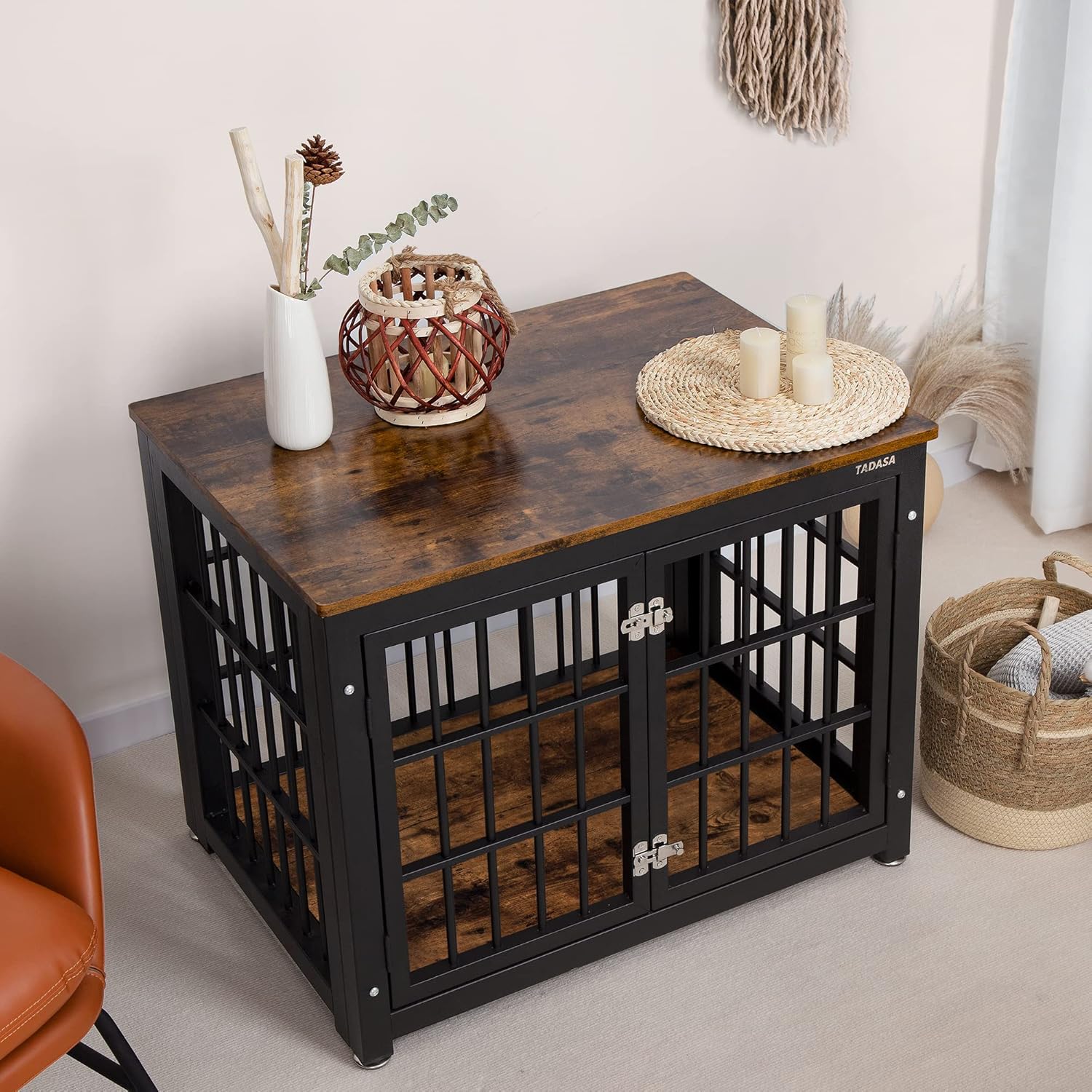 TADASA 32'' Wood Dog Crate Furniture, Decorative Small to Medium Dog Kennel with Double Doors, Wooden Indoor Heavy Duty Dog Cage End Table with Leg Levelers, Rustic Brown and Black