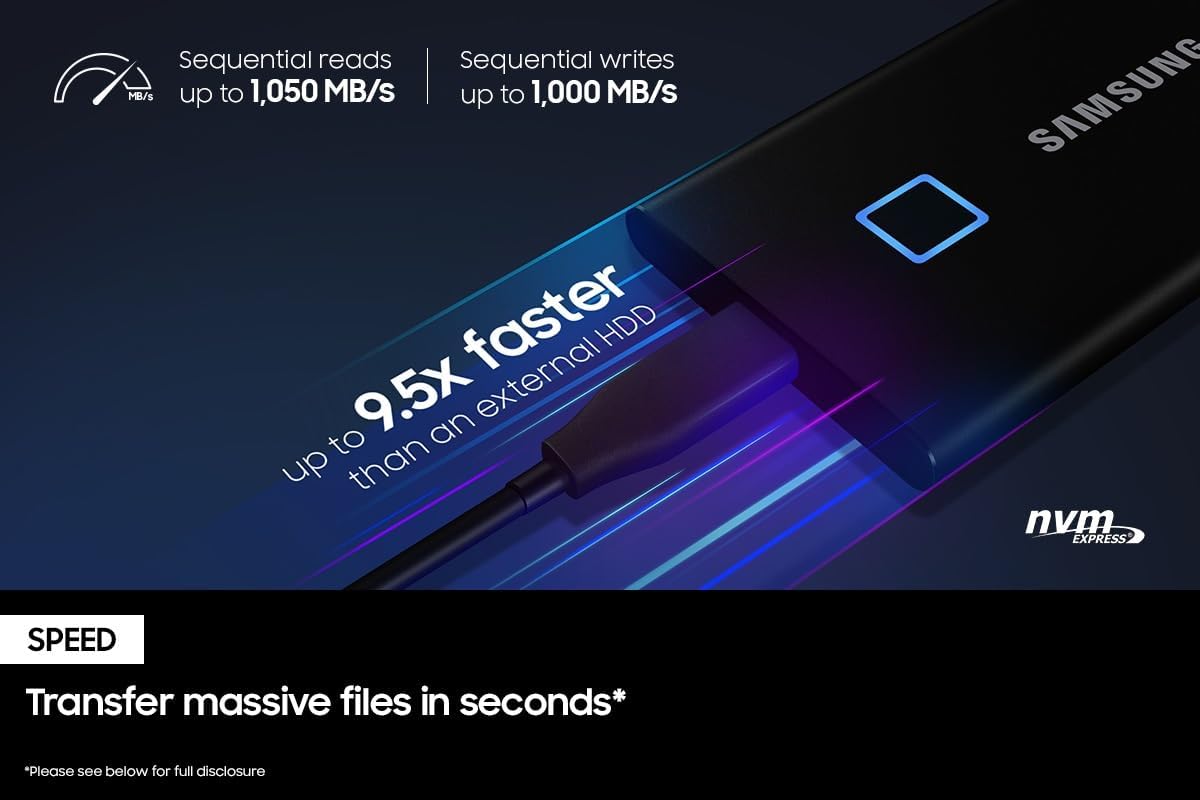 SAMSUNG T7 Touch Portable SSD 2TB ,up to 1050MB/s, USB 3.2 External Solid State Drive, Black (MU-PC2T0K/WW)