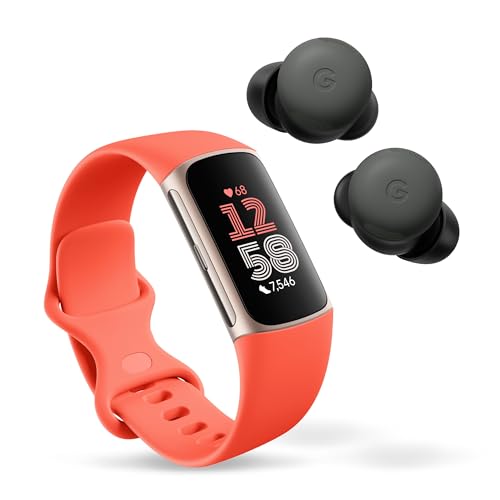 Fitbit Charge 6 Fitness Tracker with Google apps, Heart Rate on Exercise Equipment, 6-Months Premium Membership Included, GPS, Health Tools and More, Gold/Coral, One Size (S & L Bands Included)