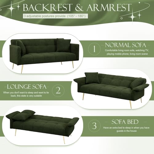 Futon Sofa Bed, Teddy Futon Couch Bed with Convertible Backrest, Modern Futon Couch with Adjustable Armrests, Sofa Bed with Memory Foam for Living Room, Bedroom, Beige