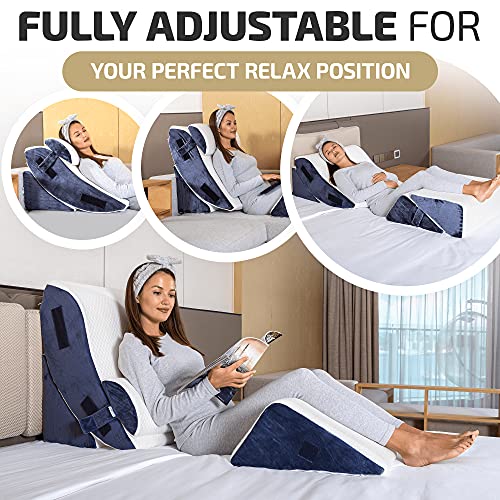 5 Pcs Adjustable Relaxing System w/Leg Elevation Pillow - Perfect Orthopedic Pillow Set for After Surgery - Memory Foam Bed Wedge Pillows for Back Support (Grey with Cooling Fabric)