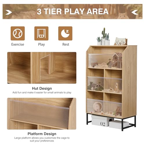 Large Hamster Cage with Storage Cabinet, 3-Tier Small Animals Cages Habitats, Animal House with Openable Top and Easy View Acrylic Panels for Rat, Guinea Pig, Hedgehog, Gerbil (Natural)