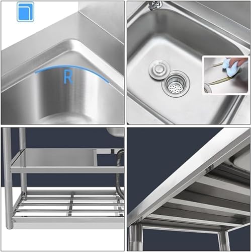WAZHOU Free Standing Stainless Steel Utility Sink Kitchen Commercial Sink for Laundry Room with Backsplash, Strainer,Hot & Cold Water Faucet,5 Sizes Industrial Sink for Restraunt, Bar, Store