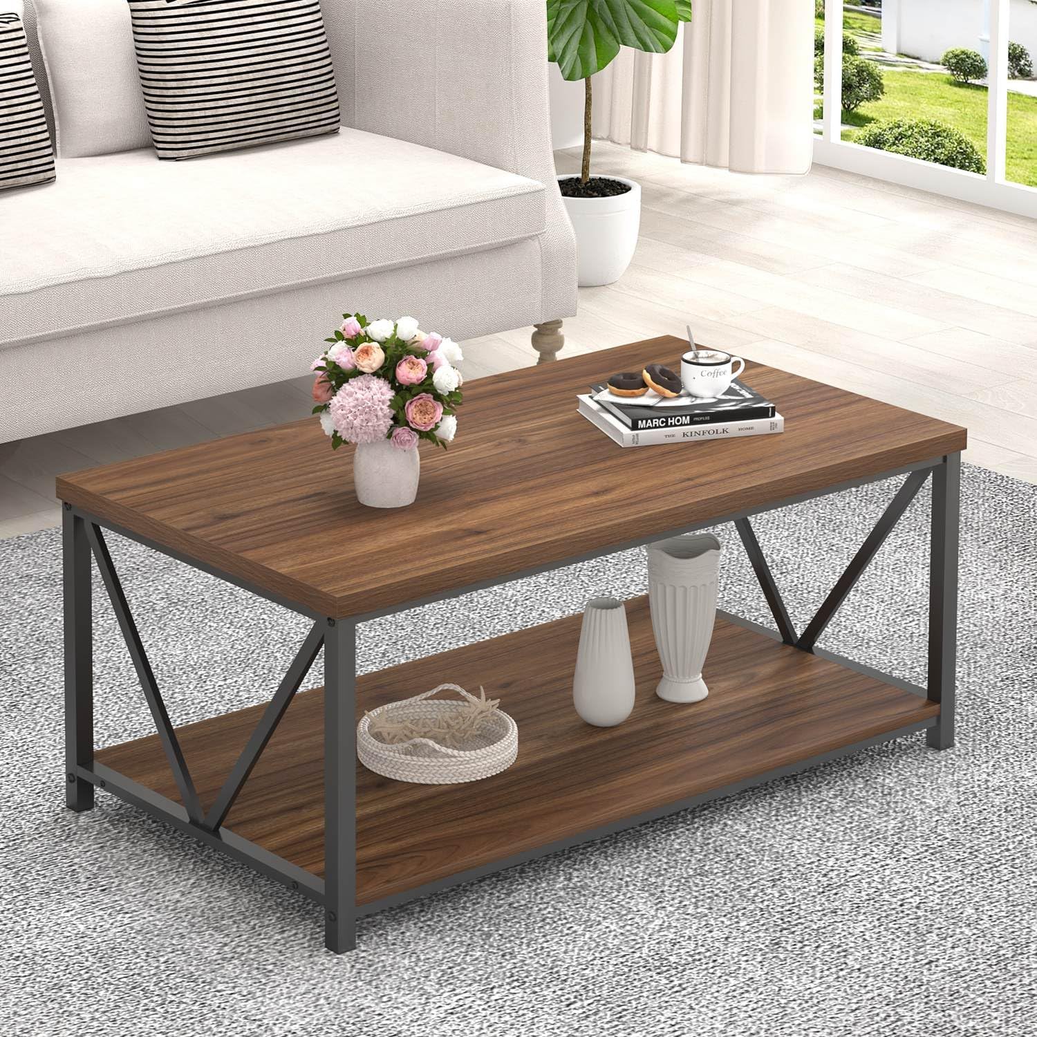 FOLUBAN Modern Coffee Table End Table and Entryway Table with Storage Shelf for Living Room, Rustic Walnut