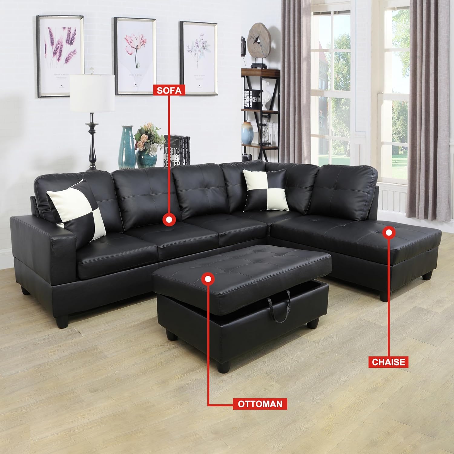 103 Inch L Shape 3 Piece Sectional Sofa Set, Upholstered Corner Couch with Storage Ottoman & Right Chaise Lounge, Faux Leather Tufted Cushions, for Living Room, Apartment, Black