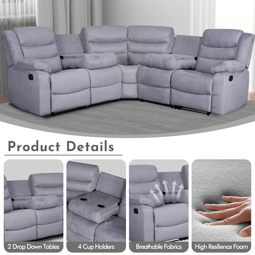Recliner Sectional Sofa, Microfiber Manual Reclining Sectional Couch with Cup Holders, Living Room/Office (Grey)