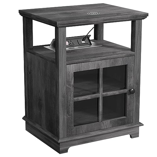 End Table with Charging Station, Side Table with Storage, White Nightstand with Adjustable Shelf, Wireless Charging End Table for Living Room, Bedroom