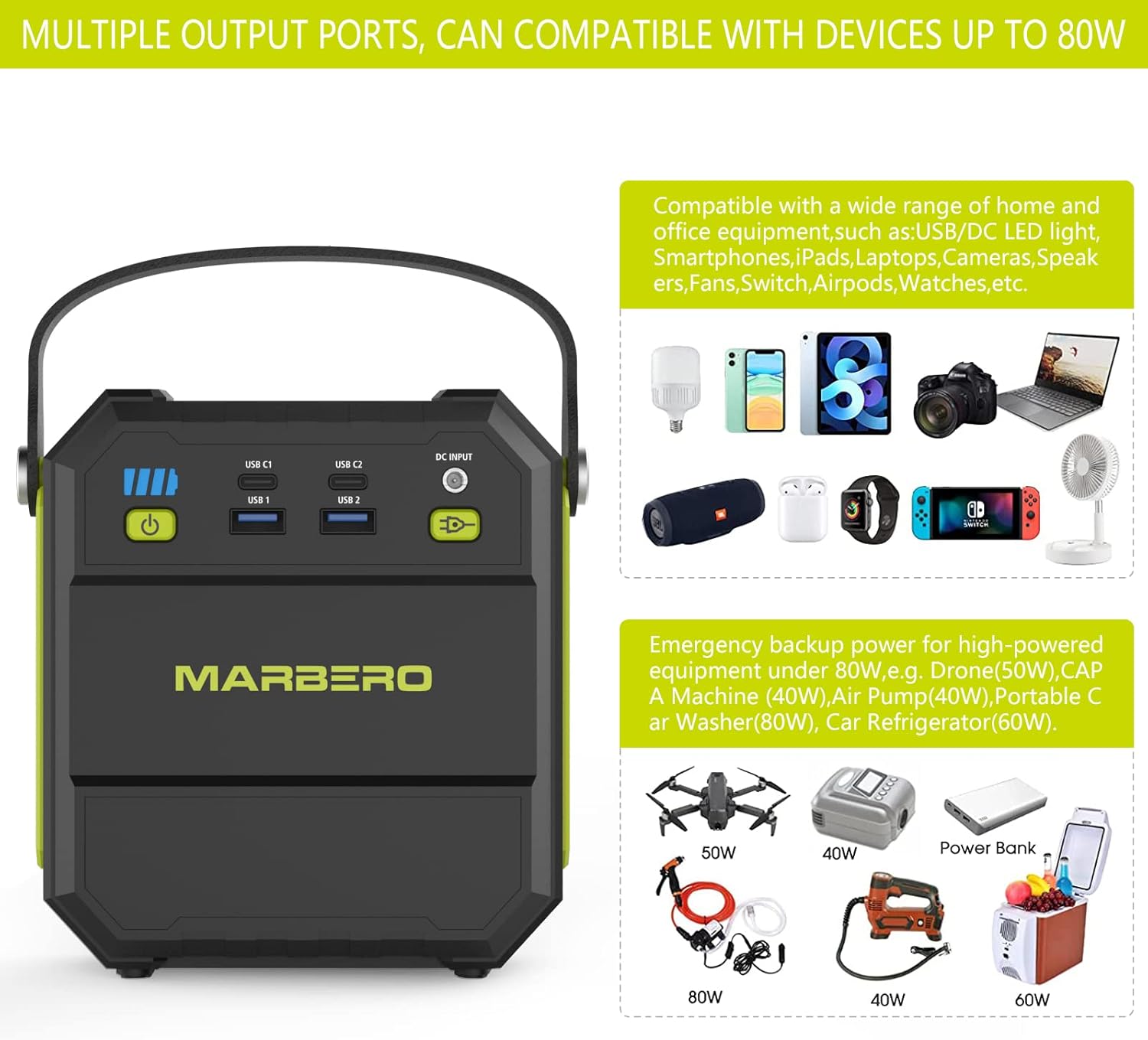 MARBERO Portable Power Station, 83Wh Solar Generator 22500mAh Camping Lithium Battery Emergency Power Station with AC Outlet 4 USB Ports, Power Supply with Super Bright Flashlight for Camping Outdoor Home (Green)