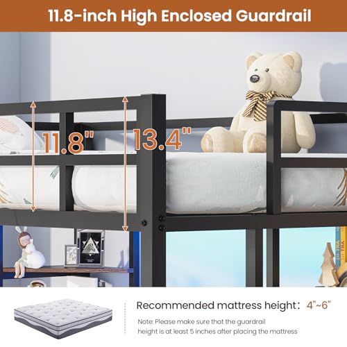 MSmask Loft Bed Twin Size with L Shaped Desk, LED Lights, Charging Station, Heavy Duty Metal Loft Bed Frame with 6 Storage Shelves, Safety Guard & Ladder, No Box Spring Needed, No Noise, Black