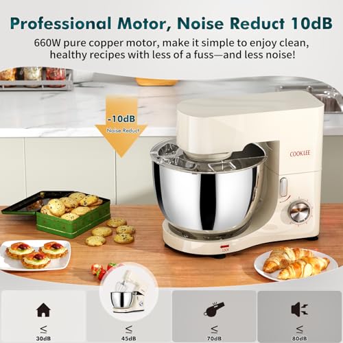 COOKLEE Stand Mixer, 9.5 Qt. 660W Electric Kitchen Mixer with Dishwasher-Safe Dough Hooks, Flat Beaters, Wire Whip & Pouring Shield Attachments for Most Home Cooks, Silver