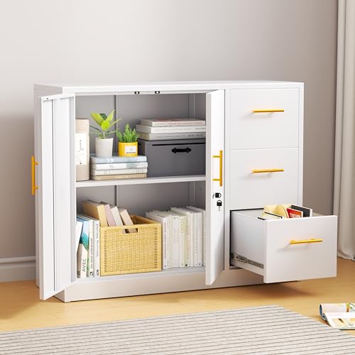 Large Metal Sideboard Buffet Cabinet with 2Doors and 3Drawers,Cupboard Console Coffee Wine Bar,lateral File Cabinet with Lock,Storage Accent Cabinet for Kitchen Dining Room, Living Room,Entryway