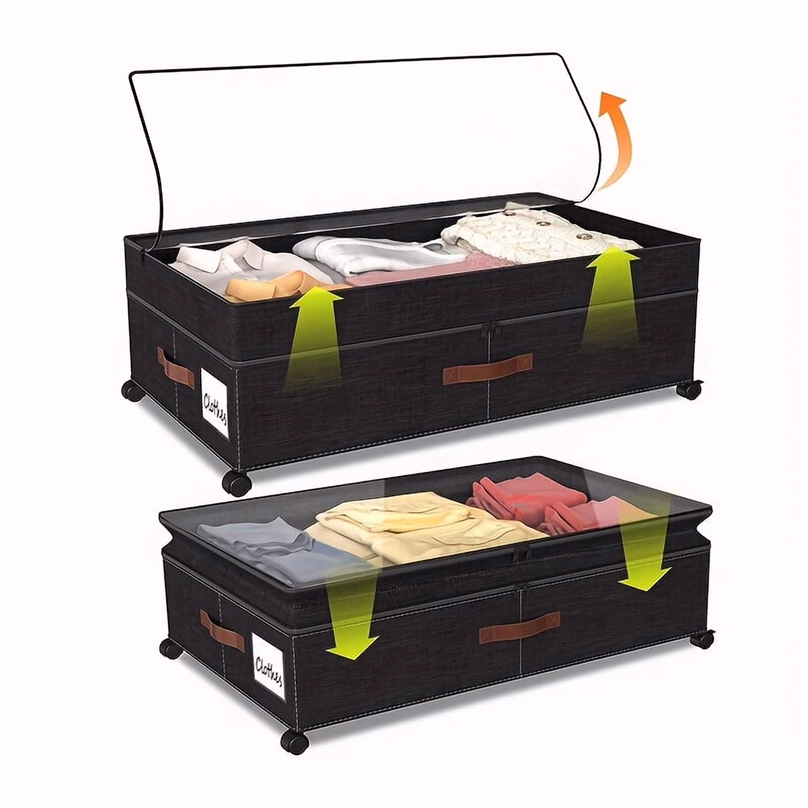 2-Pack Under-Bed Storage Bins with Wheels &amp; Clear Window, Adjustable Height Large Capacity Organizers for Clothes, Shoes, Blankets &amp; Toys