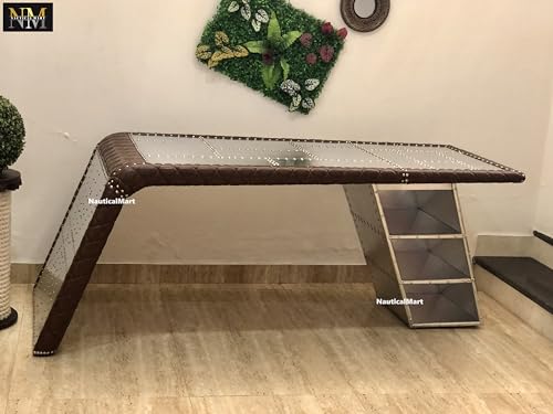 NauticalMart Aviator Wing Desk with Storage Aluminum and Leather Office Desk Silver and Brown (64 Inches)