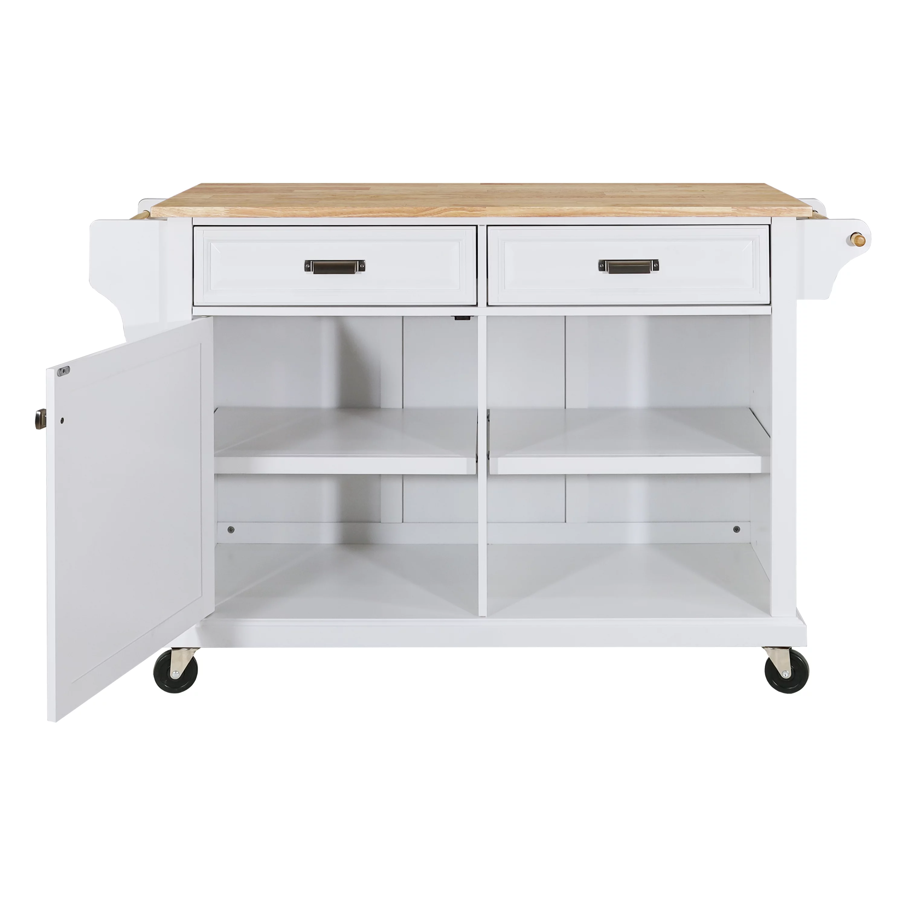 Multi-Functional Storage Island Cart with Rubberwood Countertop and Drop-Leaf, Greenguard Gold Certified, Kitchen Island on Wheels with Large Storage Cabinet,2 Drawers,Spice Rack,Towel Holder, White