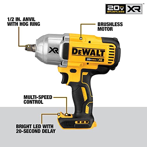 DEWALT 20V MAX XR Impact Wrench, Cordless, 1/2Inch, 700-lbs of Torque, 2,400 IPM, Bare Tool Only (DCF899HB)