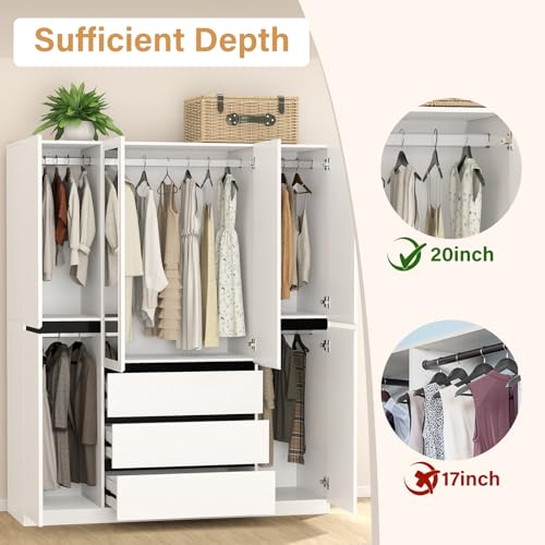Wakefit Armoire Wardrobe Closet, 4 Doors Wooden Wardrobe Closet Cabinet with Mirro, Bedroom Armoires with Hanging Rod Shelf Freestanding Wardrobe Cabinet for Bedroom, Guest Room, White