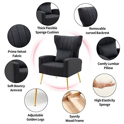 Living Room Chairs Set of 2 Modern Velvet Accent Chairs with Lumbar Pillow, High Back Armchair Arm Chairs with Gold Metal Legs for Bedroom, Green