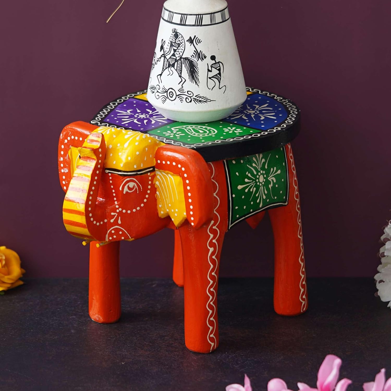 Aashvi Craft Handcrafted and Emboss Painted Colorful Wooden Elephant Shape Stool Table Clourfull -05, Medium