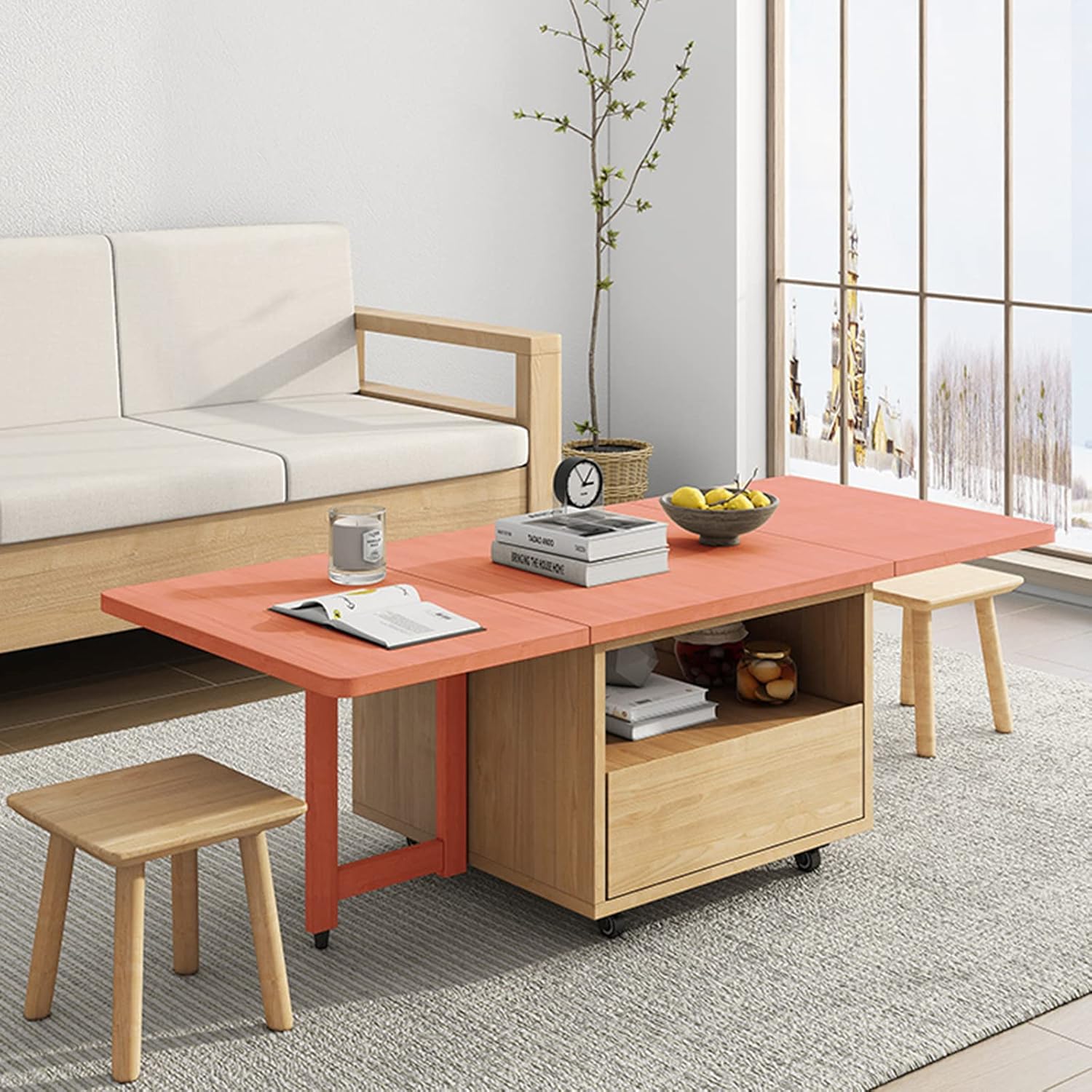 Folding Coffee Table, Multifunctional Dining Table, Solid Wood Drop-Leaf Tea Table with Rollers, Save Space, for Living Room Dining Kitchen Bedroom Furniture, 1.4m, Wood Color