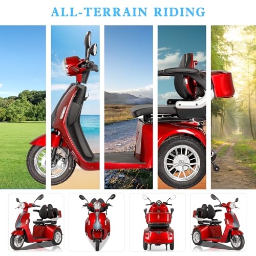 Heavy Duty 3 Wheel Scooter for Adults,All Terrain Mobility Scooter 500lbs Capacity,800W Powered Mobility Scooters Handicap Mobility Scooter for Travel with Full Set Lights (Red-AFD3L)