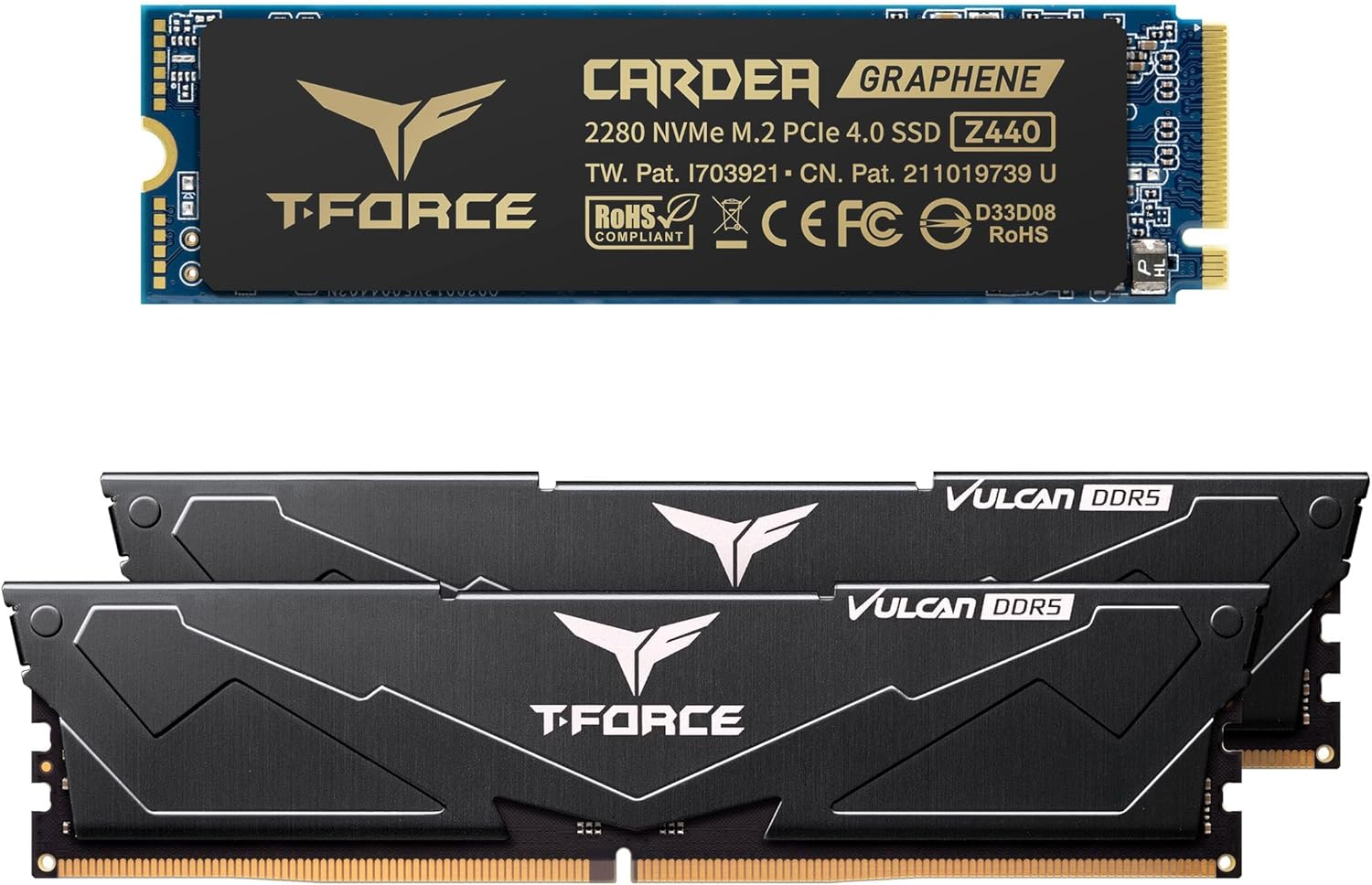 TEAMGROUP T-Force Vulcan DDR5 32GB Kit (2x16GB) 5200MHz (PC5-41600) CL40 Desktop Memory FLBD532G5200HC40CDC01 Bundle with CARDEA Zero Z440 1TB NVMe PCIe Gen4 M.2 2280 Gaming SSD TM8FP7001T0C311