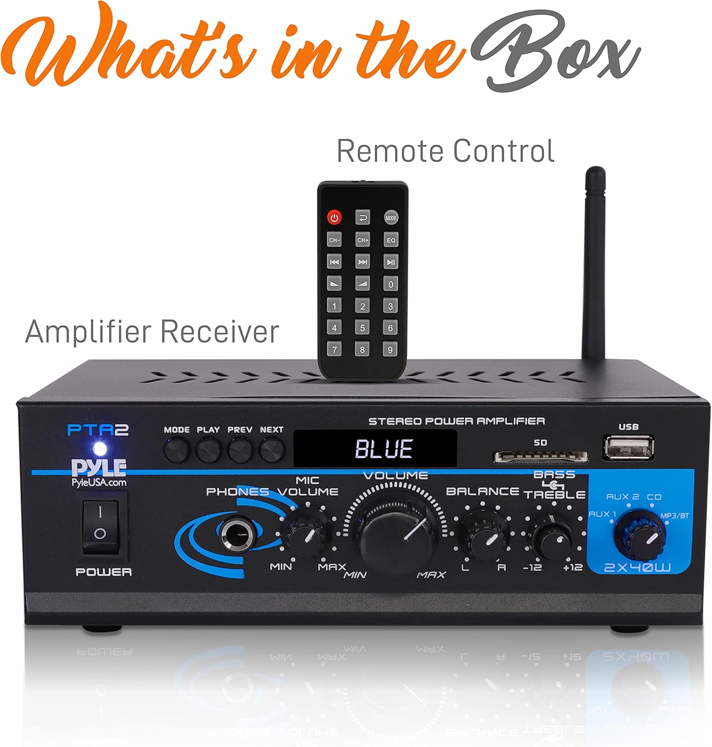 Pyle Home Audio Power Amplifier System - 2X40W Bluetooth Mini Dual Channel Mixer Sound Stereo Receiver Box w/ AUX, Mic Input - For Amplified Speakers, PA, CD Player, Theater via RCA, Studio Use - PTA2 Pack of 2