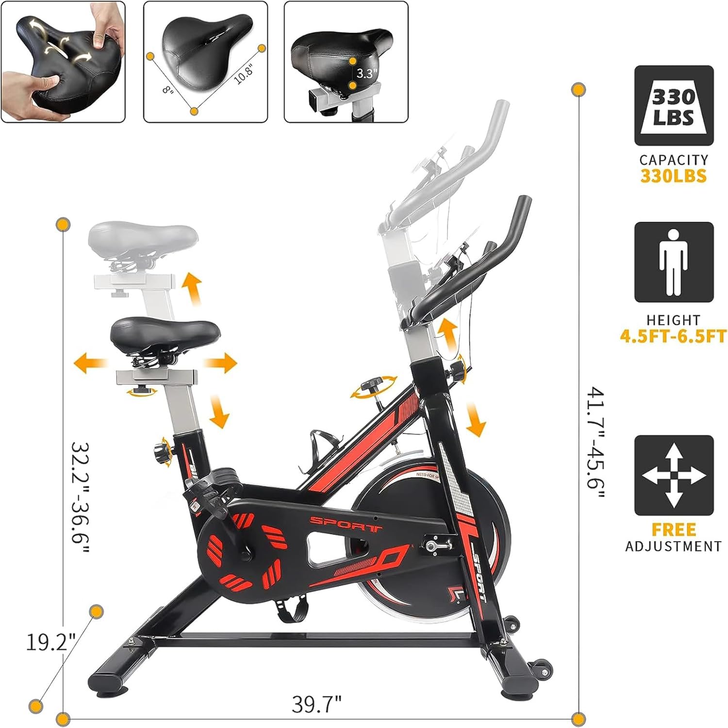 Exercise Stationary Bike 330 Lbs Weight Capacity, Spin Indoor Cycling Bike with LCD Monitor and Comfortable Seat Cushion for Home Gym Cardio Fitness Training