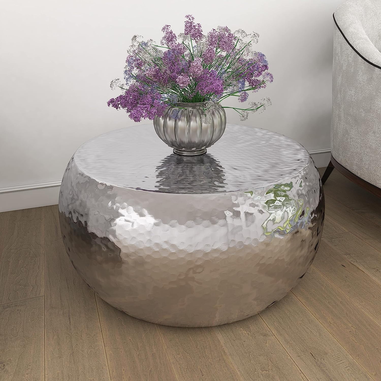 79 Aluminum Drum Shaped Coffee Table with Hammered Design  30" x 30" x 14"  Silver