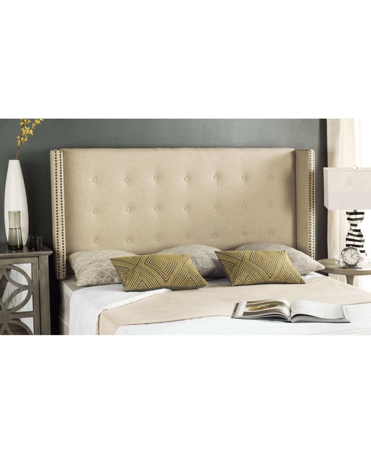 Safavieh Keegan Linen Tufted Winged Headboard - Navy - Queen