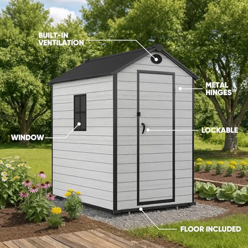 7.3 x 12 FT Shed Resin Outdoor Storage with Floor, 566 cuft Plastic Shed with Window and Lockable Door for Garden, Backyard, with Wood Texture, Grey