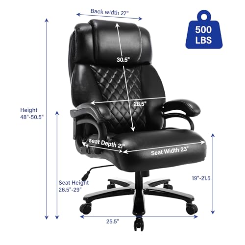 Big and Tall Office Chair, 500lbs High Back Large Executive Chair with Electric Airbag Heating High Back Computer Chair with Wide Seat, Black Ergonomic Leather Rocking Chair