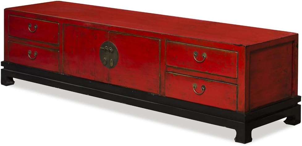 ChinaFurnitureOnline Elmwood Oriental Media Cabinet, Kang Style in Distressed Red Finish