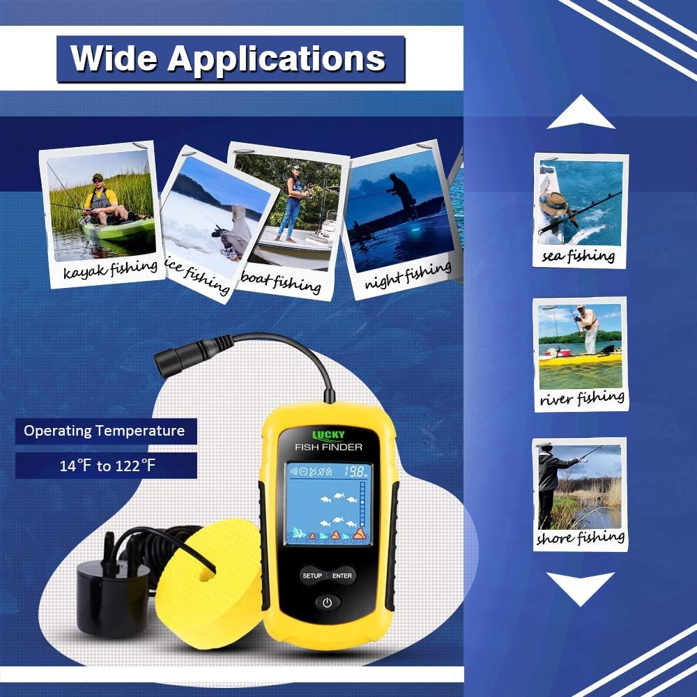LUCKY Kayak Portable Fish Depth Finder Water Handheld Fish Finder Sonar Castable Kayak Boat Fishfinder Transducer Fishing LCD Display FFC1108 Pack of 2