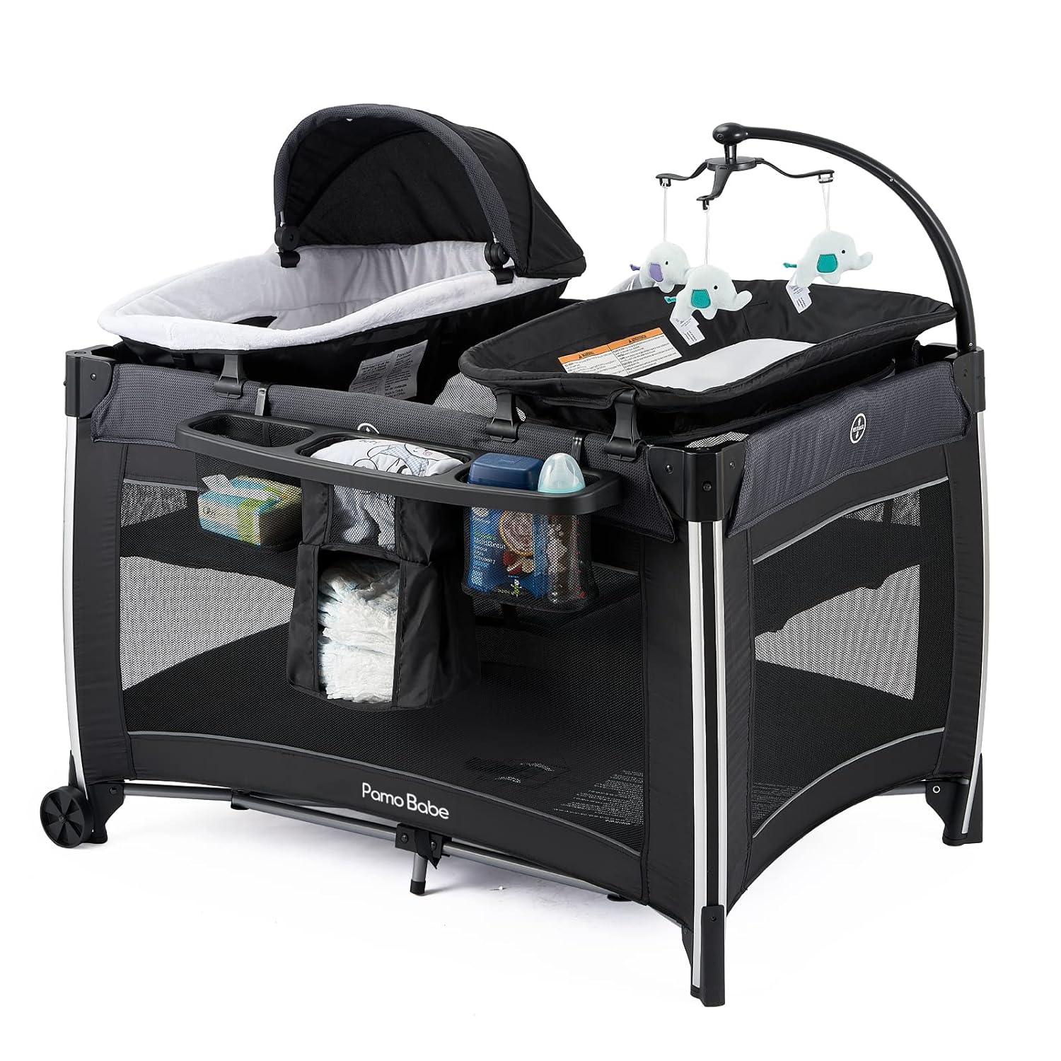 Pamo Babe Deluxe Playard with Foldable Nursery Center, Large Capacity Changing Table, Storage Shelf, Detachable Mattress Nursery Center (Grey)