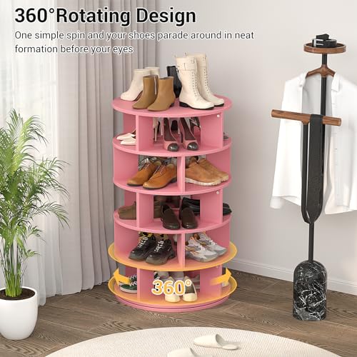 Aheaplus Rotating Shoe Rack, 5-Tier Wood Shoe Organizer for Closet, 360° Spinning Shoe Rack Tower Space-Saving Shoe Storage Shelf for Entryway, Garage, Bedroom, Pink