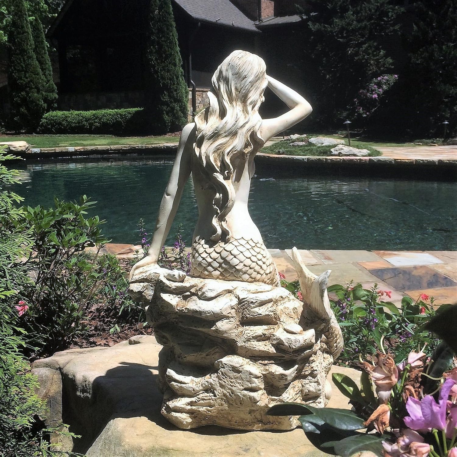 Homestyles Large 22 in. Classic Mermaid Sitting on Nautical Rock Looking Out to Sea Antique White Finish Beach and Pool Statue