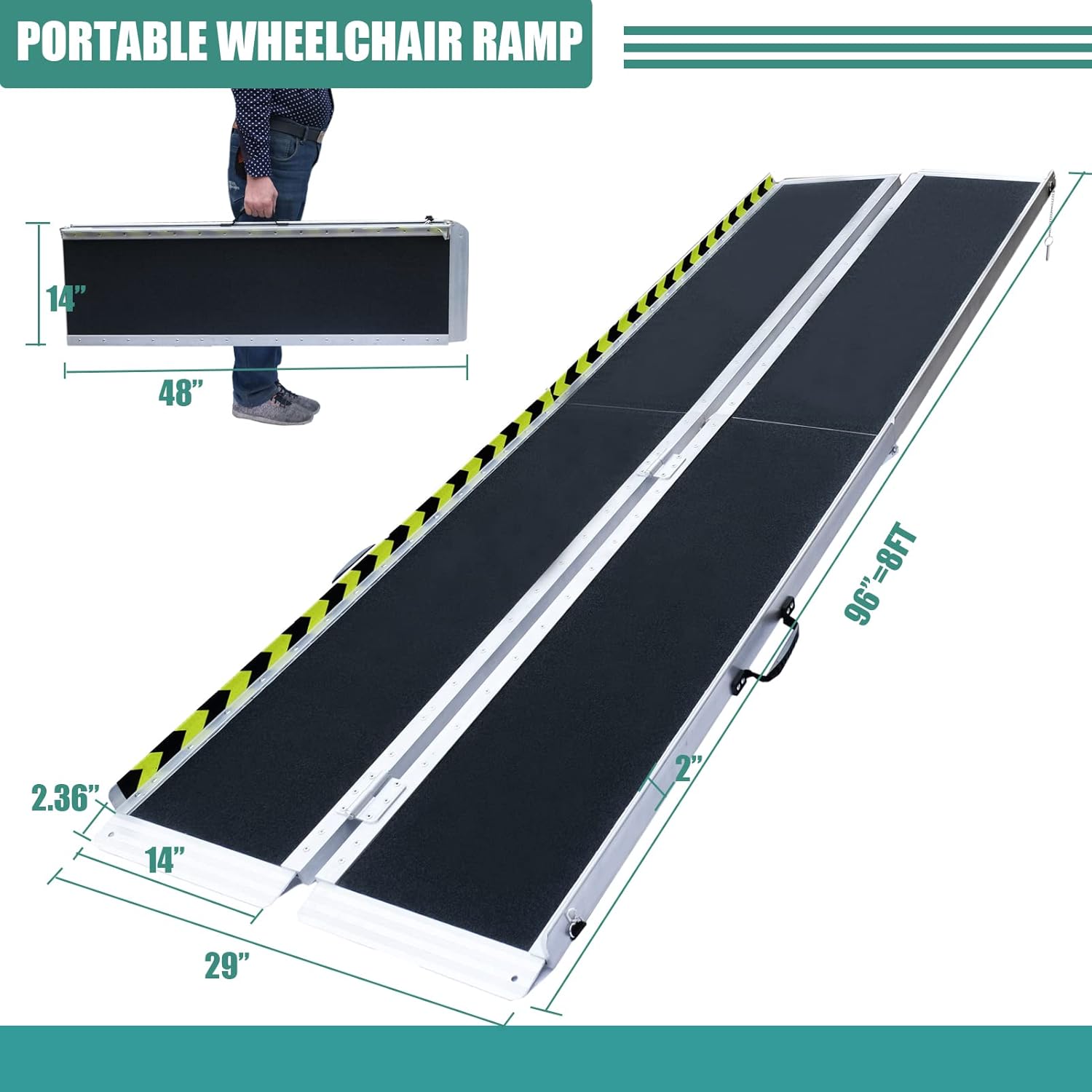 Non-Skid Aluminum Portable Folding Wheelchair Ramp, Threshold Ramp with a Slip-Resistant Surface, Handicap Ramp for Home, Steps, Stairs, Doorways (Portable,8 Foot)