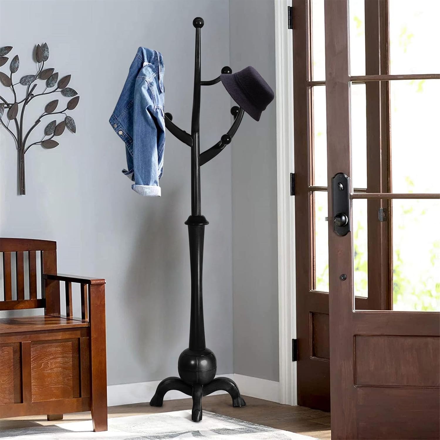 Heavy Duty Coat Rack Freestanding Wood Tree Rack with 8 Hooks, Unique Design Tree Branch-look, Premium Coat Tree Clothes Hanger Stand with Sphere Base for Entryway, Hallway, Bedroom-Load 160lbs Black