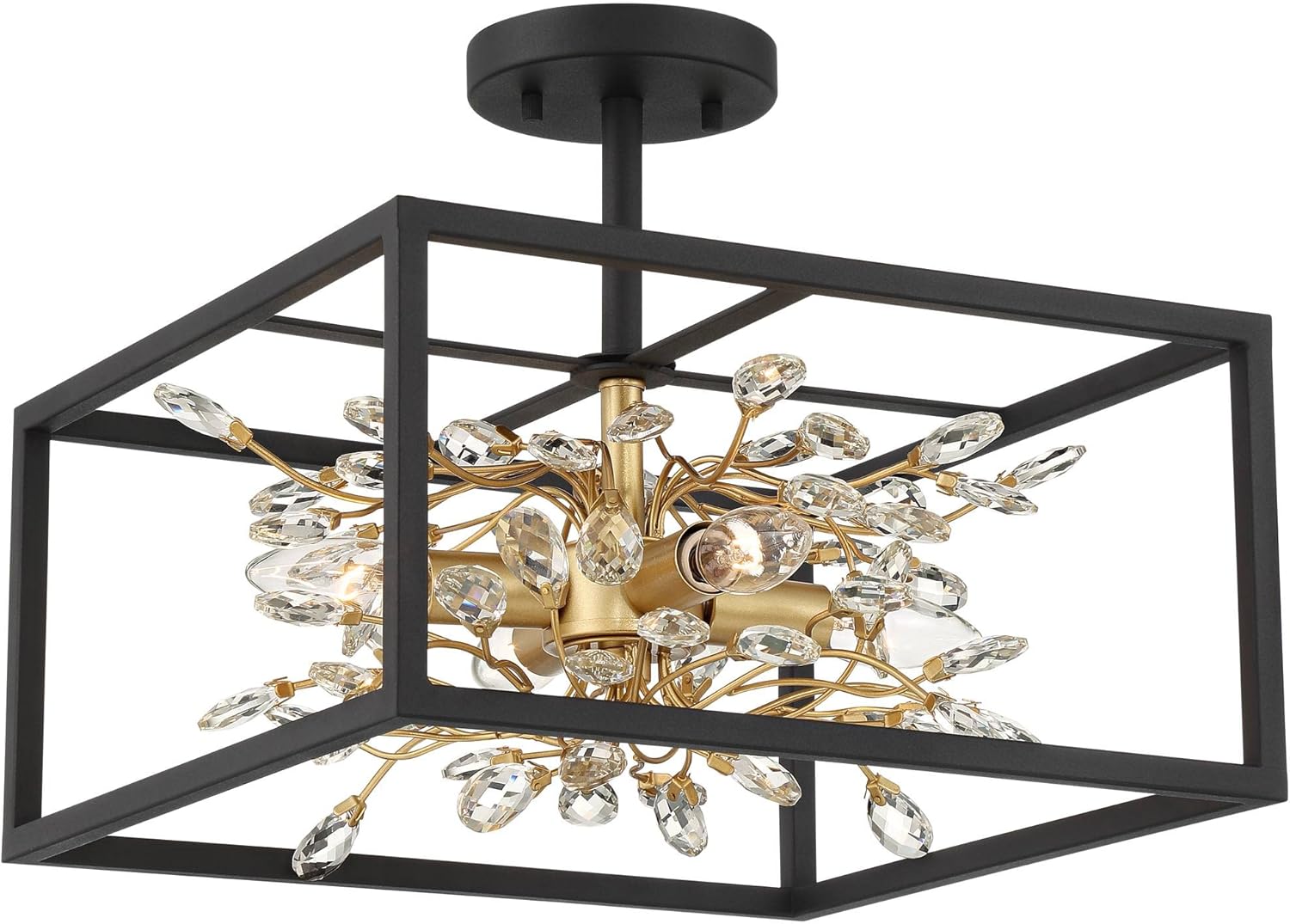 Possini Euro Design Carrine Modern Ceiling Light Semi Flush-Mount Fixture 14 1/4" Wide Black Metal Gold Branches 4-Light Clear Crystal for Bedroom Kitchen Living Room Hallway Bathroom House Home
