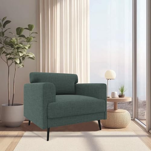 Oversized Accent Chair, Linen Fabric Mid Century Modern Chair with Solid Wood Frame and Soft Cushion, Upholstered Linen Fabric Armchair Reading Chairs for Living Room Bedroom, Yellow