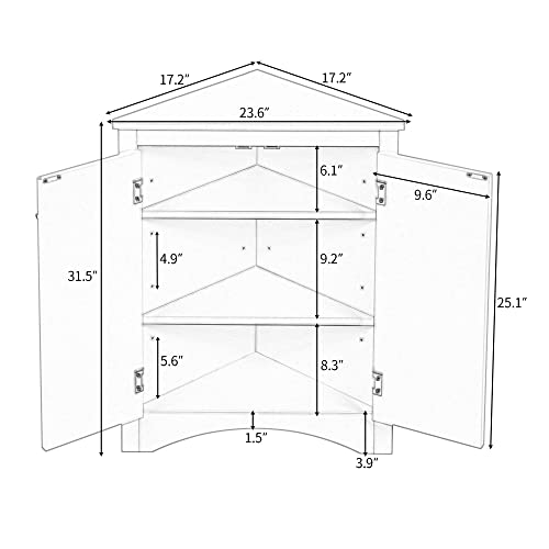 Corner Storage Cabinet, Wood Triangle Bathroom Cabinet with Adjustable Shelves, Freestanding Floor Cabinet with 2 Doors for Home Kitchen Bathroom (Grey + MDF)