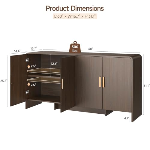 60" Sideboard Buffet Cabinet with Storage, Curved Design Farmhouse Coffee Bar Cabinet with 4 Doors & Adjustable Shelves for Living Room, Kitchen, Hallway, Walnut