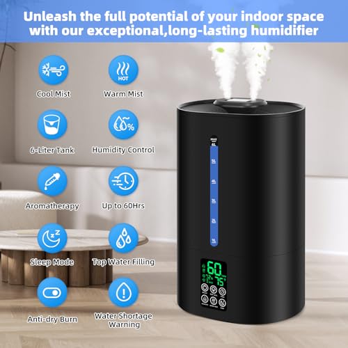 6L Humidifiers for Bedroom Large Room Home, Cool and Warm Humidifiers for Baby and Plants Mist Top Fill Desk Humidifiers Essential Oil Diffuser, Quiet with Adjustable Mist,360°Nozzle-Black