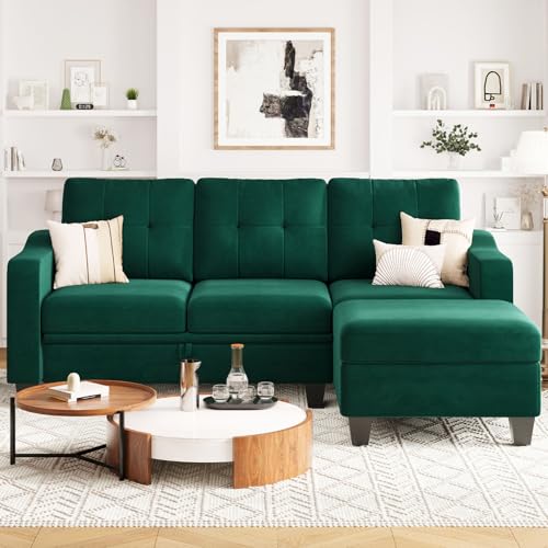 Belffin Velvet Sectional Couch with Storage, L Shaped Sofa with Chaise for Small Space, Blue